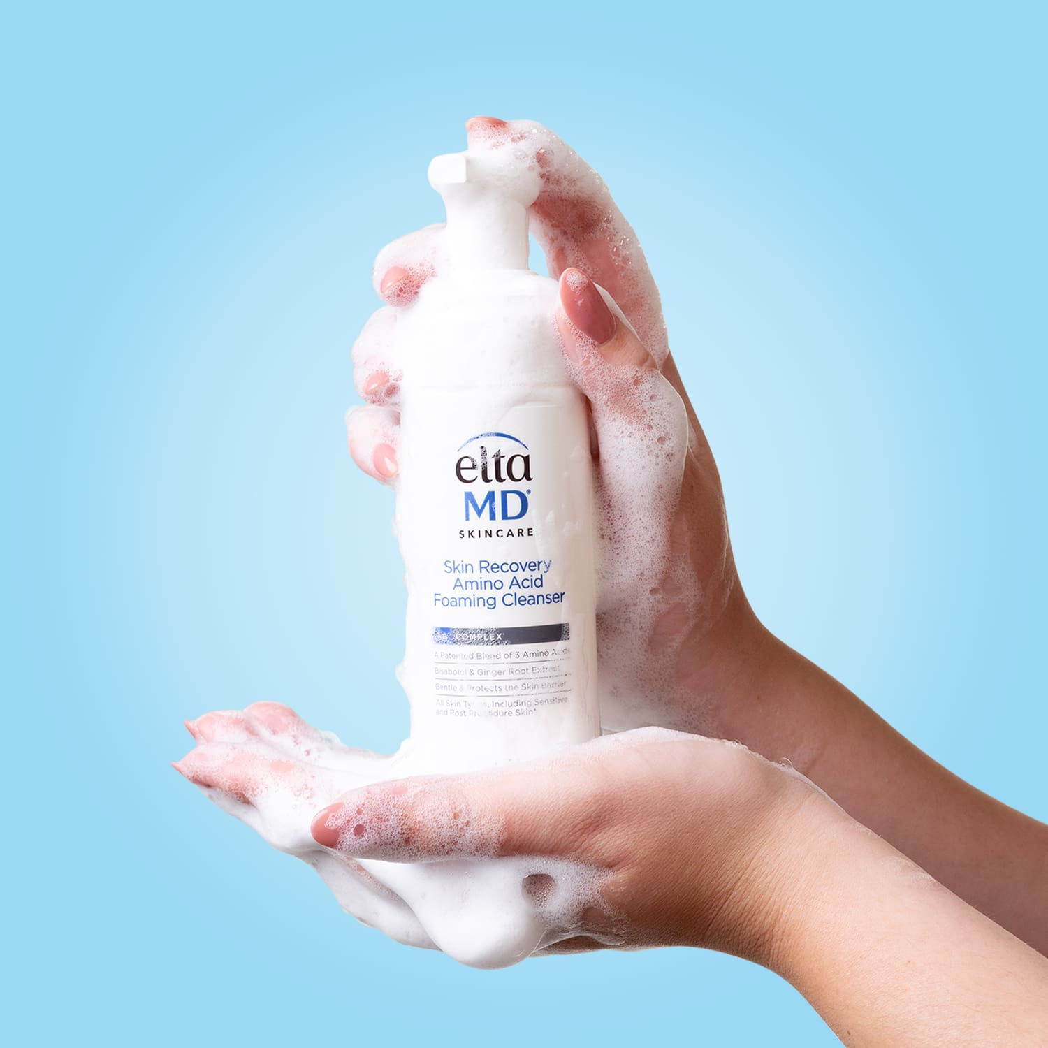 EltaMD Skin Recovery Cleanser sitting in soapy hands